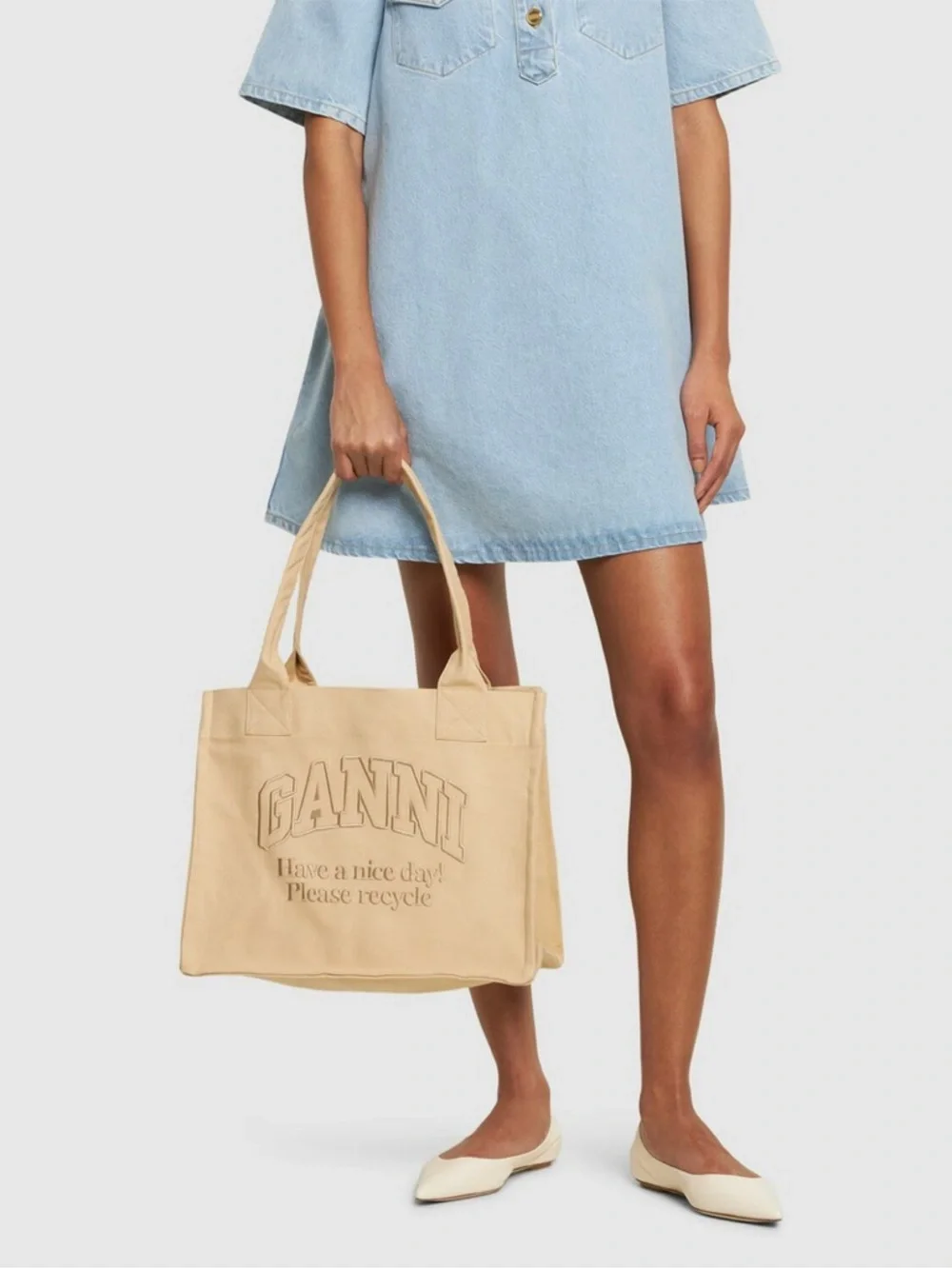 NWT Ganni tote tan beige cotton canvas tote gold embroidered logo w/ silk insert